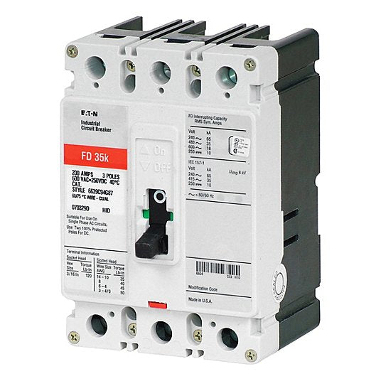 Eaton FD3200 Molded Case Circuit Breaker 200 A Amps, 65kA at 240/277V AC, Fixed, ABC, Load Side Lug, Std