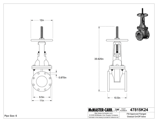 McMaster 47815K24 FM-Approved Flanged Gradual On/Off Valve Wheel Handle and Rising Stem, 6 Pipe Size