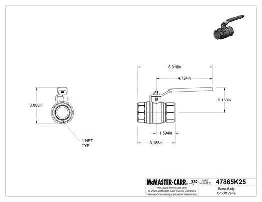 McMaster 47865K25 Brass Body On/Off Valve with Lever Handle, 1 NPT Female, 80.9 Cv
