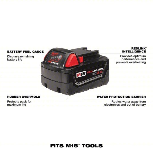 Milwaukee 48-11-1828 M18 REDLITHIUM XC3.0 Battery, 3.0Ah, Extended Capacity, 18V, Li-Ion Battery