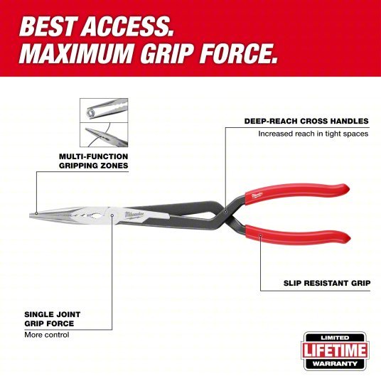 Milwaukee 48-22-6542 Long Reach Pliers Set 3 in Max Jaw Opening, 15 1/8 in Overall Lg, 3 in_3 1/4 in Jaw Lg, Serrated