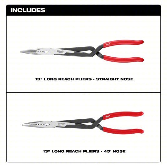 Milwaukee 48-22-6542 Long Reach Pliers Set 3 in Max Jaw Opening, 15 1/8 in Overall Lg, 3 in_3 1/4 in Jaw Lg, Serrated