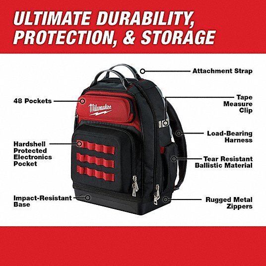 Milwaukee 48-22-8201 Tool Backpack 18 in W 9 7/16 in D 20 3/8 in H, Ballistic Nylon, Red, 46 Inside Pockets