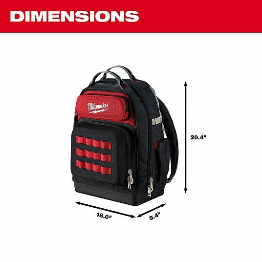 Milwaukee 48-22-8201 Tool Backpack 18 in W 9 7/16 in D 20 3/8 in H, Ballistic Nylon, Red, 46 Inside Pockets