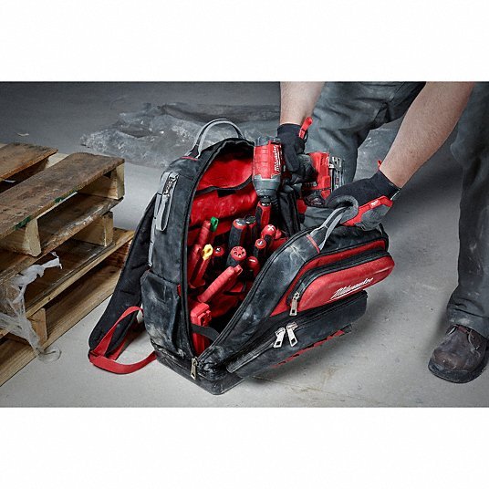 Milwaukee 48-22-8201 Tool Backpack 18 in W 9 7/16 in D 20 3/8 in H, Ballistic Nylon, Red, 46 Inside Pockets