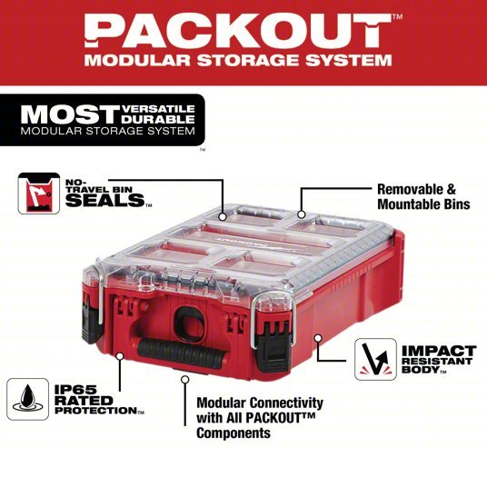 Milwaukee 48-22-8435 Tool Case 9 7/8 in Wd, 15 1/4 in Dp, 4 5/8 in Ht, Plastic, 5 Compartments, Red