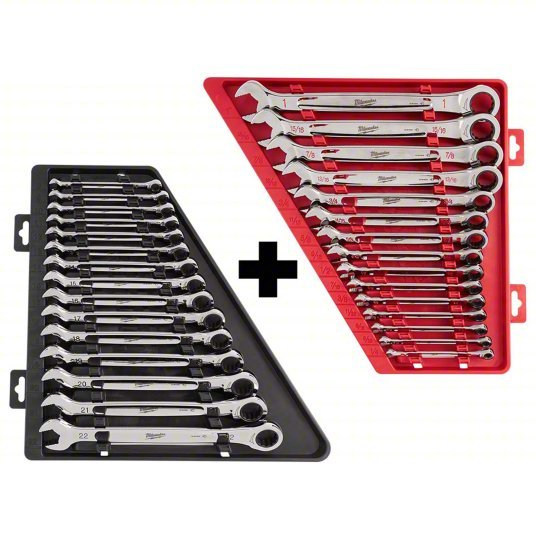 Milwaukee 48-22-9416, 48-22-9516 Ratchet Combination Wrench Set Alloy Steel, Chrome, 30 Tools, Std, Reversing, Tray
