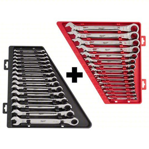 Milwaukee 48-22-9416, 48-22-9516 Ratchet Combination Wrench Set Alloy Steel, Chrome, 30 Tools, Std, Reversing, Tray