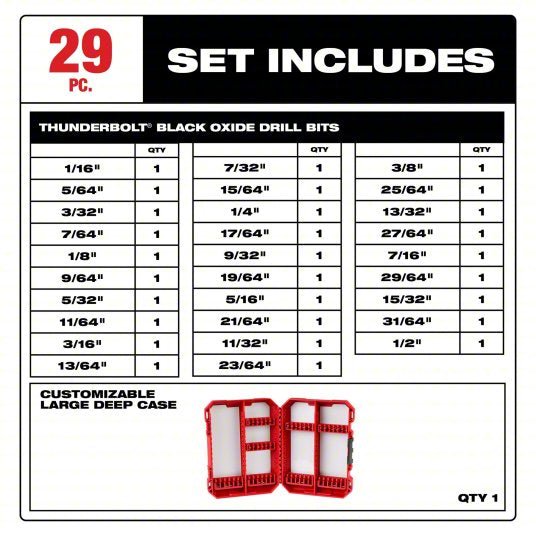 Milwaukee 48-89-2802 Jobber Length Drill Set 1/2 in Smallest Drill Bit Size, 1/16 in Largest Drill Bit Size
