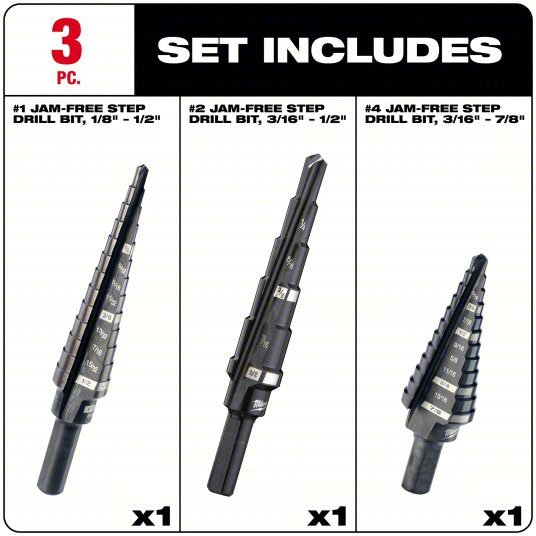 Milwaukee 48-89-9221 Step Drill Bit Set 31 Hole Sizes, 1/8 in to 7/8 in, Black Oxide Finish, High Speed Steel