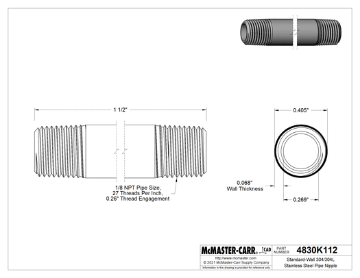 McMaster 4830K112 Standard-Wall 304/304L Stainless Steel Pipe Nipple Threaded on Both Ends, 1/8 NPT, 1-1/2" Long
