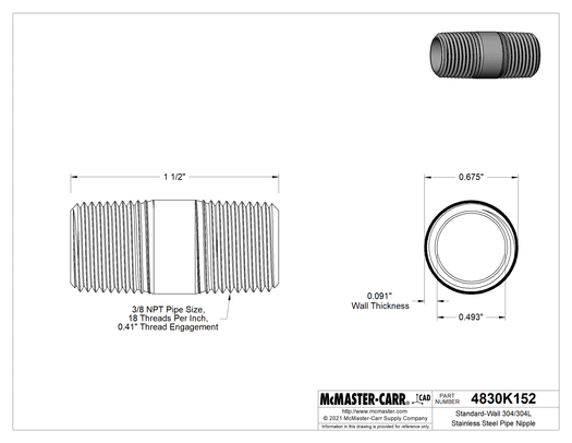 McMaster 4830K152 Standard-Wall 304/304L Stainless Steel Pipe Nipple Threaded on Both Ends, 3/8 NPT, 1-1/2" Long