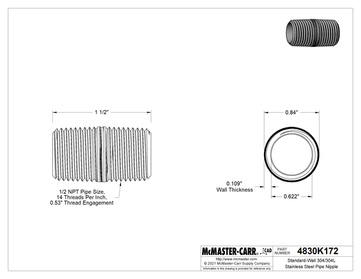 McMaster 4830K172 Standard-Wall 304/304L Stainless Steel Pipe Nipple Threaded on Both Ends, 1/2 NPT, 1-1/2" Long
