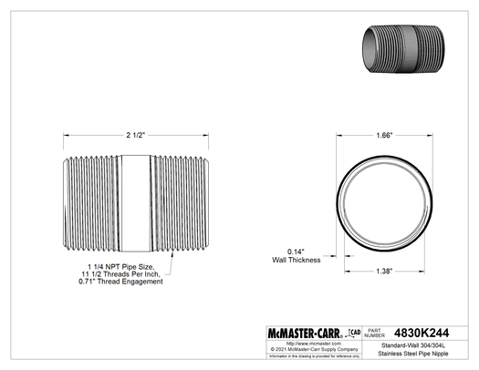 McMaster 4830K244 Standard-Wall 304/304L Stainless Steel Pipe Nipple Threaded on Both Ends, 1-1/4 NPT, 2-1/2" Long