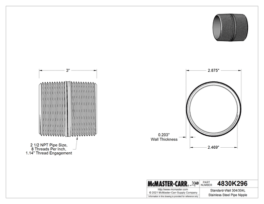 McMaster 4830K296 Standard-Wall 304/304L Stainless Steel Pipe Nipple Threaded on Both Ends, 2-1/2 NPT, 3" Long