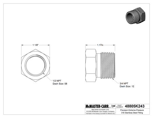 McMaster 48805K243 Precision Extreme-Pressure 316 Stainless Steel Fitting Bushing Reducing Adapter, 3/4 Male x 1/2 Female NPT