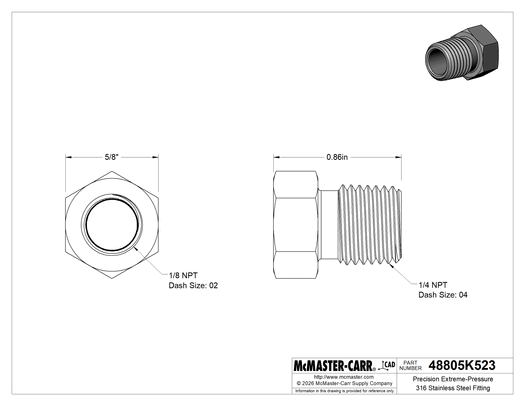 McMaster 48805K523 Precision Extreme-Pressure 316 Stainless Steel Fitting Bushing Reducing Adapter, 1/4 Male x 1/8 Female NPT