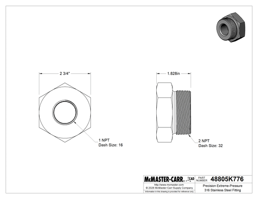 McMaster 48805K776 Precision Extreme-Pressure 316 Stainless Steel Fitting Bushing Reducing Adapter, 2 Male x 1 Female NPT