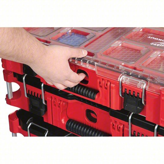 Milwaukee 48-22-8430 PACKOUT Tool Case 19 3/4 in Wd, 15 1/2 in Dp, 4 5/8 in Ht, Plastic, 10 Compartments, Red