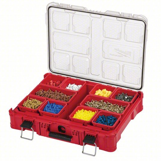 Milwaukee 48-22-8430 PACKOUT Tool Case 19 3/4 in Wd, 15 1/2 in Dp, 4 5/8 in Ht, Plastic, 10 Compartments, Red