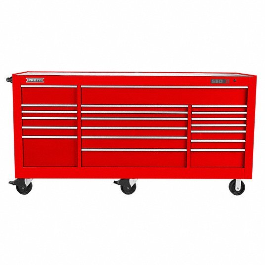 Proto J558846-18RD Rolling Tool Cabinet Gloss Red, 88 1/4 in W x 27 in D x 46 3/8 in H, Red, Ball Bearing, Keyed