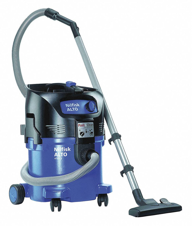 Nilfisk 107418445 Heavy-Duty Wet/Dry Shop Vacuum, 8 gal, Plastic, 113 cfm, 1.4 HP, 120 V, 25 ft Cord, 10 ft Hose, Disposable Bag, Brushed Motor