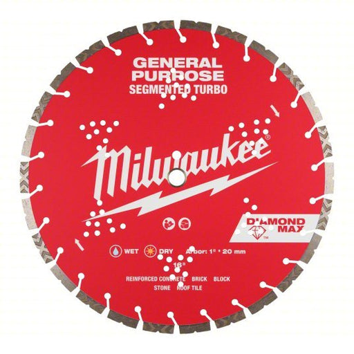 Milwaukee 49-93-9016 Diamond Saw Blade Block/Brick/Concrete/Stone, 16 in Blade Dia., 1 in Arbor Size, Wet/Dry