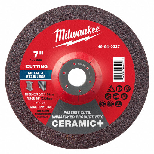 Milwaukee 49-94-0237 Cut-Off Wheel, Type 27, 7" x 1/16" x 7/8", Ceramic, 30 Grit
