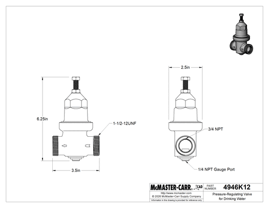 McMaster 4946K12 Pressure-Regulating Valve for Drinking Water, 3/4 NPT Female Inlet x Outlet