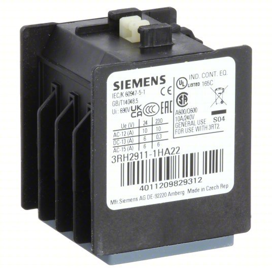 Siemens 3RH29111HA22 Auxiliary Contact 2NO/2NC, 10 A Max Current (AC), Front Mount - Redwood.KV499J72