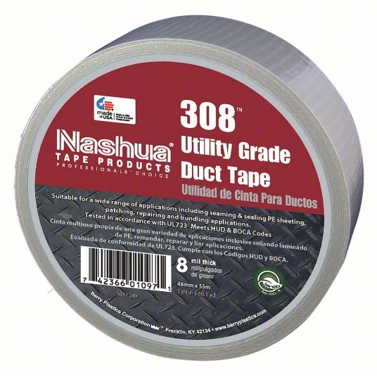 Nashua 308 Duct Tape Heavy Duty/Std Duty, 1 7/8 in x 60 yd, Silver, Continuous Roll