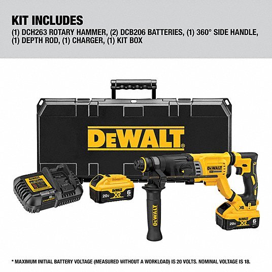 DeWalt DCH263R2 Cordless Rotary Hammer D-Handle, 20 V, SDS-Plus, 1/2 in max, 6.0 Ah, 2.2 ft-lb, 4,300 bpm