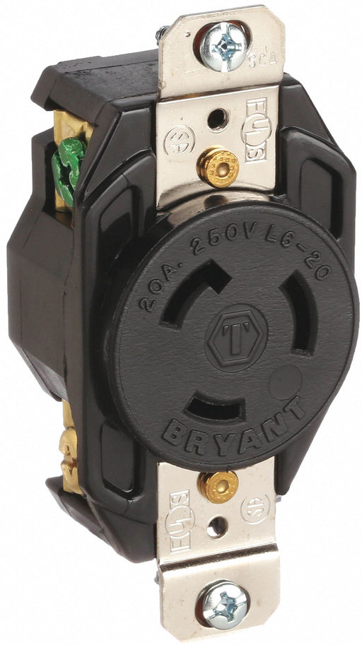 Bryant 70620FR Locking Receptacle, L6-20R, 1 Outlet, Black, 250V AC, 20 A, 2 Poles