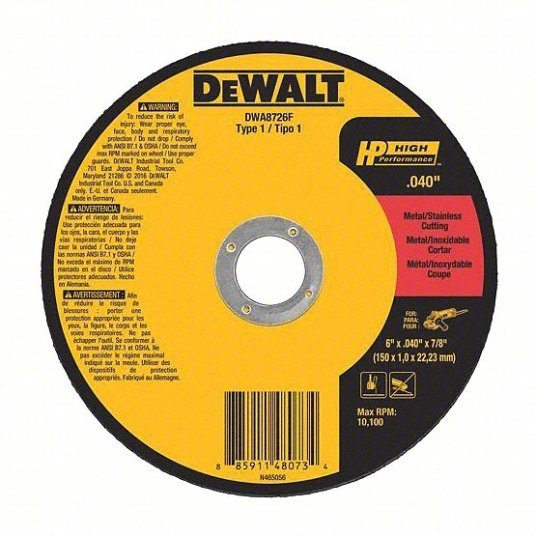 DeWalt DWA8726F Abrasive Cut-Off Wheel Type 1, 6 in x 0.04 in x 7/8 in, Aluminum Oxide, 60 Grit, A60T