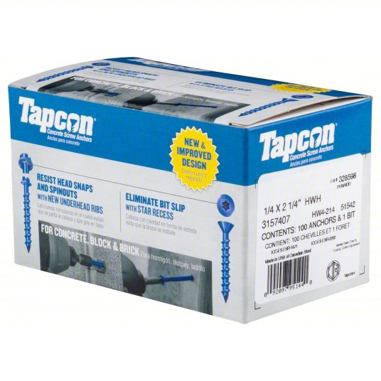 Tapcon 3157407 Concrete Anchor Screw 2 1/4 in Overall Lg, 1/4 in Dia, Steel, Climaseal, Hex, Steel, 100 PK