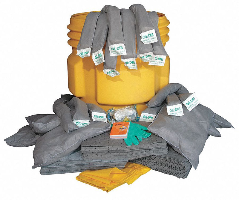 Oil-Dri L90965 Universal Spill Kit, 62 gal Absorb Capacity, 65 gal Yellow Drum, with (20) Socks/(75) Pads/(6) Pillows, Emergency Response Guide