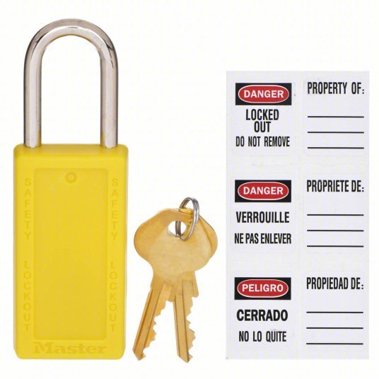 Master Lock 411YLW Lockout Padlock Keyed Different, Thermoplastic, Long Body Body Size, Metal, Std, Yellow