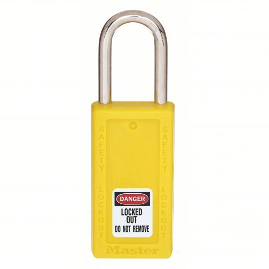 Master Lock 411YLW Lockout Padlock Keyed Different, Thermoplastic, Long Body Body Size, Metal, Std, Yellow