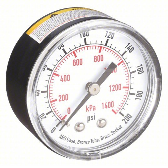 Redwood RW4FMC8 Commercial Pressure Gauge 0 to 200 psi, 2 in Dial, 1/4 in NPT Male, Center Back