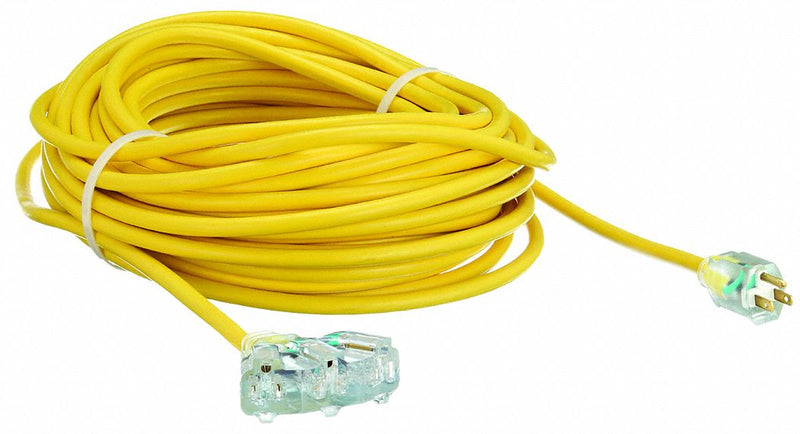 RW4GAC6 Lighted Extension Cord, Outdoor, 100 ft, 12/3 SJTOW, 3 Outlets, Yellow