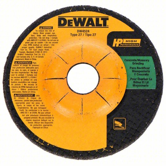 Dewalt DW4524 Depressed Center Grinding Wheel Type 27, 4 1/2 in x 1/4 in x 7/8 in, Silicon Carbide, C24R