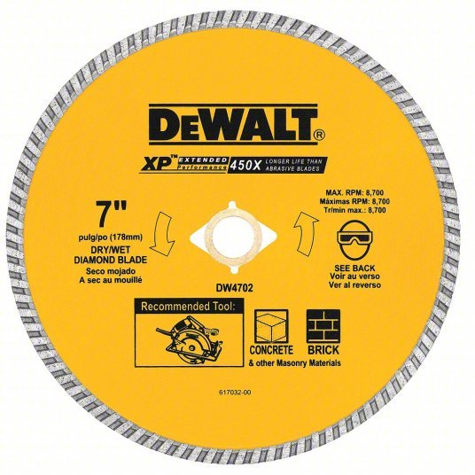 Dewalt DW4702 Diamond Saw Blade 7 in Blade Dia., 5/8 in Arbor Size, Wet/Dry, Better, Turbo