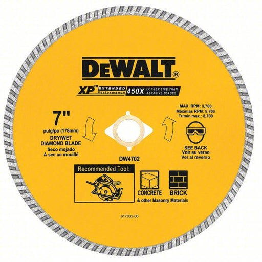 Dewalt DW4702 Diamond Saw Blade 7 in Blade Dia., 5/8 in Arbor Size, Wet/Dry, Better, Turbo