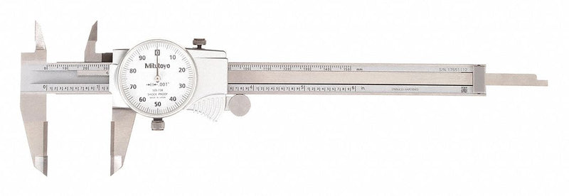 Mitutoyo 505-738 Dial Caliper, 0-6 in, +/-0.001 in Accuracy, Stainless Steel, Carbide-Tipped Jaws