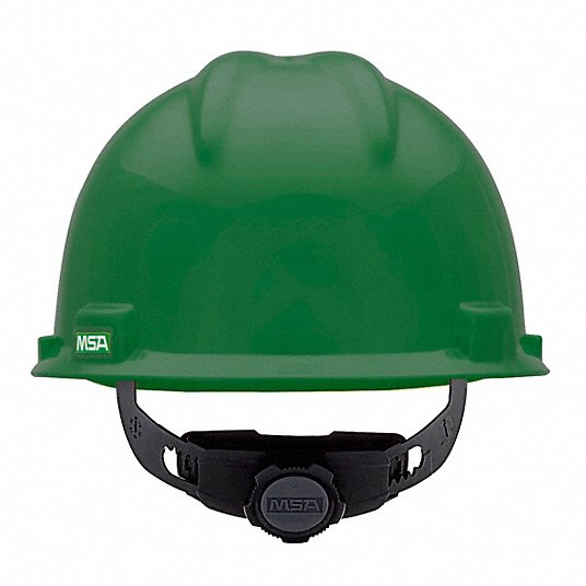 MSA 475362 Hard Hat Green, No Graphics, Ratchet (4-Point), Ratchet, Polyethylene, Side-Slots, Solid