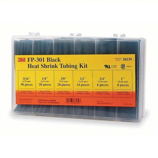 3M FP301-3/16 TO 1-BLACK-5-102 PC KITS Heat Shrink Tubing Kit 102 Pieces, 1/2 in/1/4 in/1 in/3/16 in/3/4 in/3/8 in, 2:1, 6 in