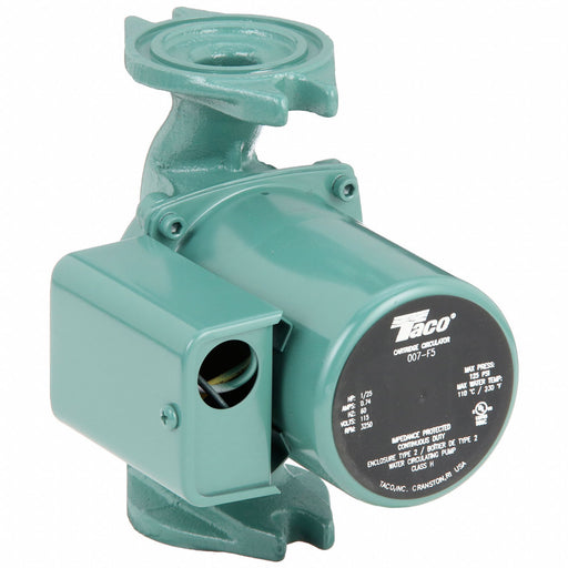 Taco 007-F5 Hydronic Circulating Pump, 1/25 hp HP, 115V AC, Cast Iron, 1,  23 gpm, 10 ft Max. Head, Inline