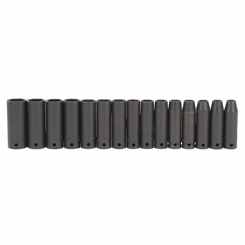 Proto J74217 1/2" Drive Thin Wall Impact Socket Set, Metric, 15 pcs