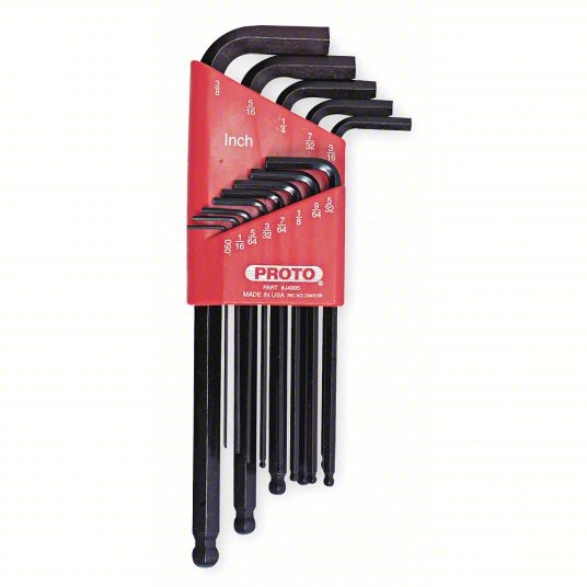 Proto J4995 Hex Key Set SAE, Long, 13 Pieces, Plastic Holder, Black Oxide, 2 Tips, 2 5/16 in to 7 in