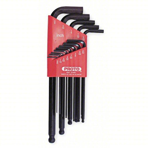 Proto J4995 Hex Key Set SAE, Long, 13 Pieces, Plastic Holder, Black Oxide, 2 Tips, 2 5/16 in to 7 in